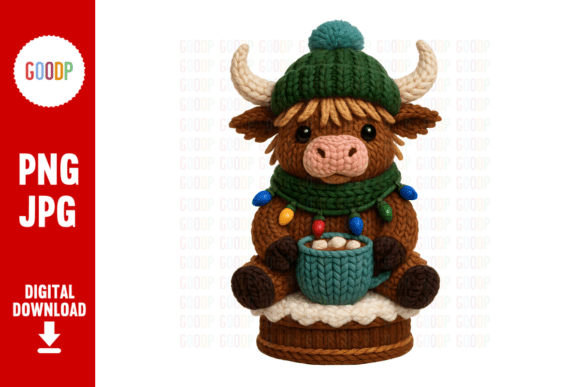 Charming Knit Highland Cow with Cocoa PNG