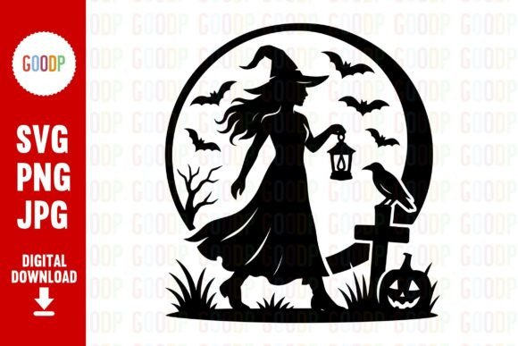 Elegant Moonlit Witch Lantern Png for Embroidery
