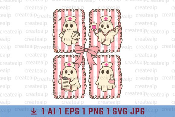 Preppy Pink Ghost Nurse Halloween PNG for T-Shirt Designs